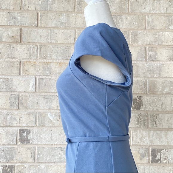 Express Blue Stretch Crepe Belted Cap Sleeve Dress - Picture 7 of 14
